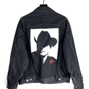 Vtg MARLBORO MAN Trucker Jacket Wild West Graphic Black Denim Jean L